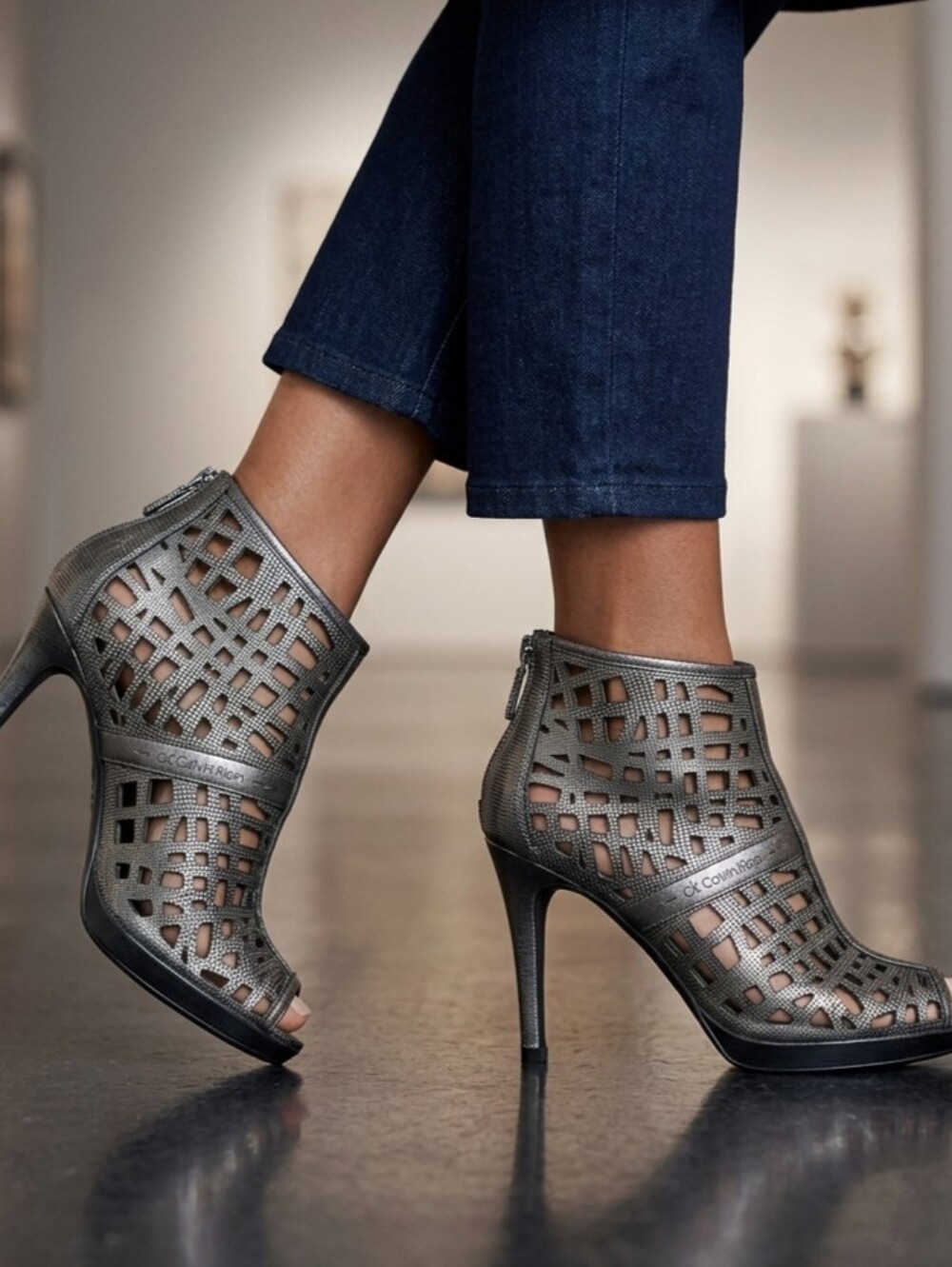 Calvin Klein Karla Laser-Cut Leather Peep-Toe Booties – Size 7